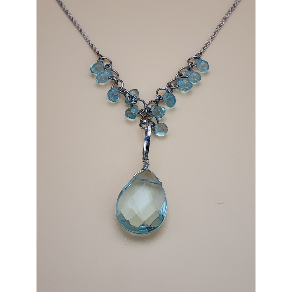 Vtg EXPRESS Signed‎ Light Teal Shade Faceted Teardrop Pendant Necklace